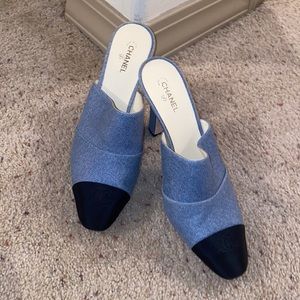 CHANEL denim slip on heels